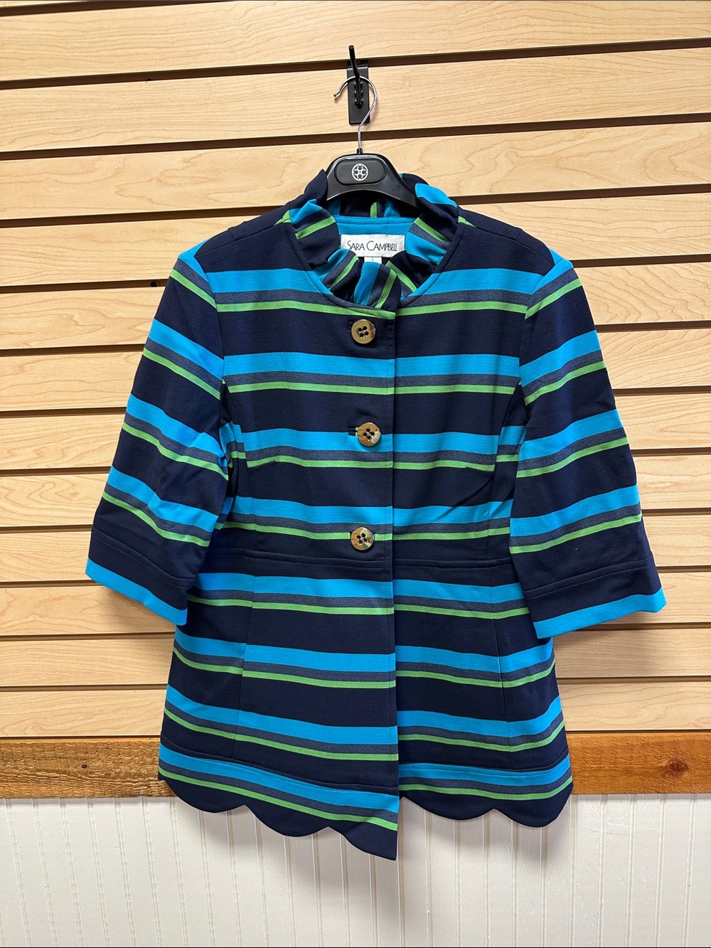 Sara Campbell Navy Blue Striped Short Blazer with Teal and Green Stripes